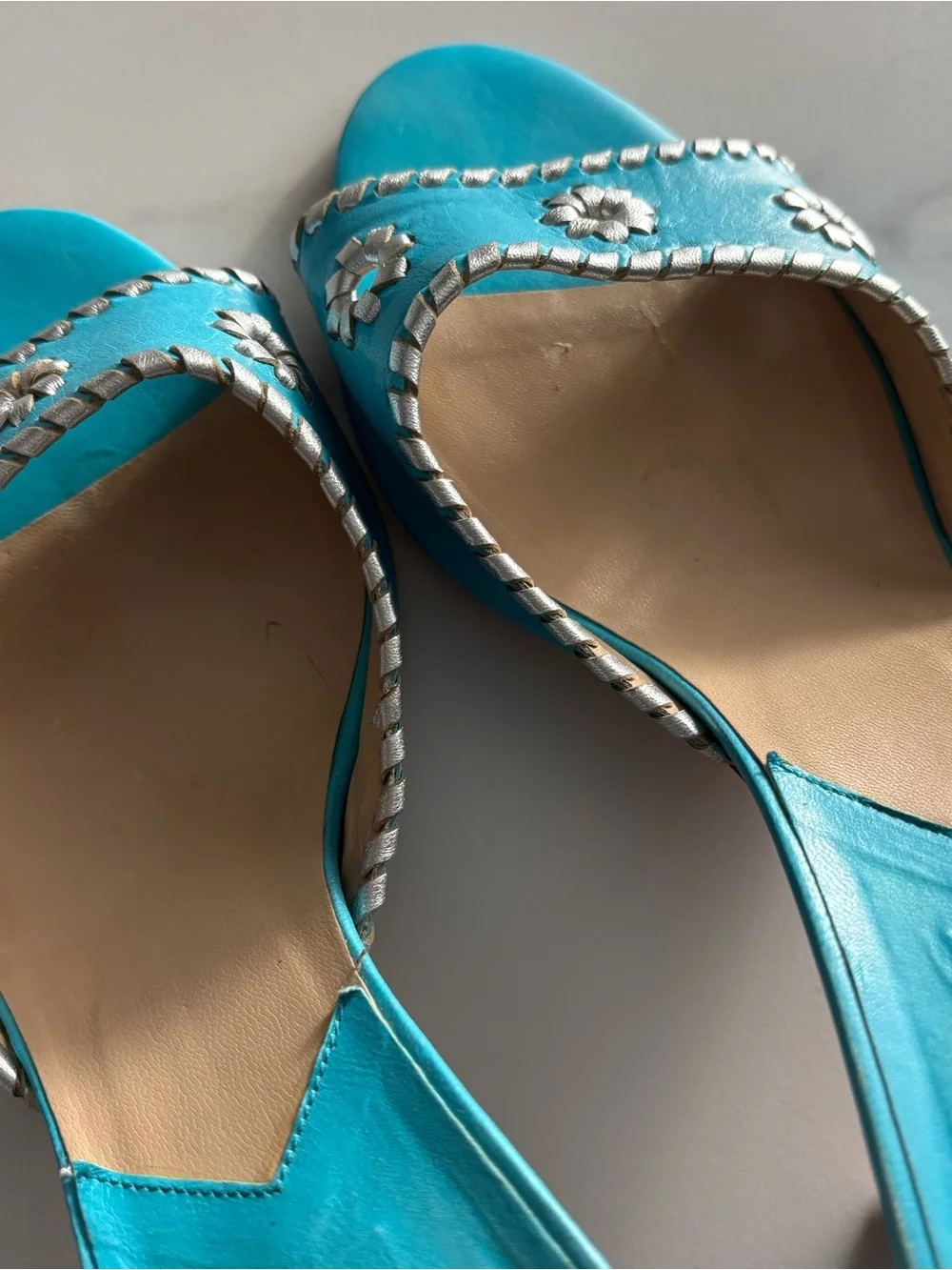Michael Kors Made in Italy Turquoise Leather Whipstitch Heeled Slide Sandals 10